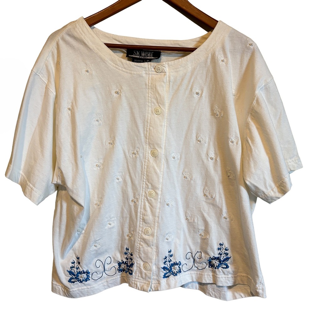VTG SKWear Floral Embroidered Pearl Button Cottagecore Top 100% Cotton Womens 2X